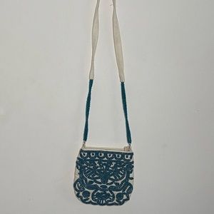 Beaded Blue Satchel Cream Purse